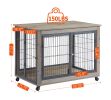 Furniture Style Dog Crate Side Table on Wheels with Double Doors and Lift Top.Grey,38.58''w x 25.5''d x 27.36''h.