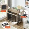 Furniture Style Dog Crate Side Table With Feeding Bowl, Wheels, Three Doors, Flip-Up Top Opening. Indoor, Grey, 38.58"W x 25.2"D x 27.17"H